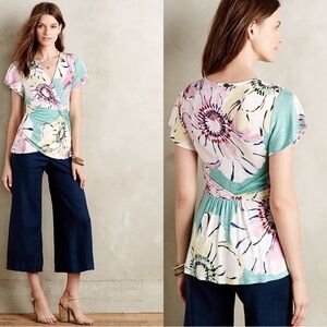 Deletta by Anthroplogie Pink Floral Wrap Top